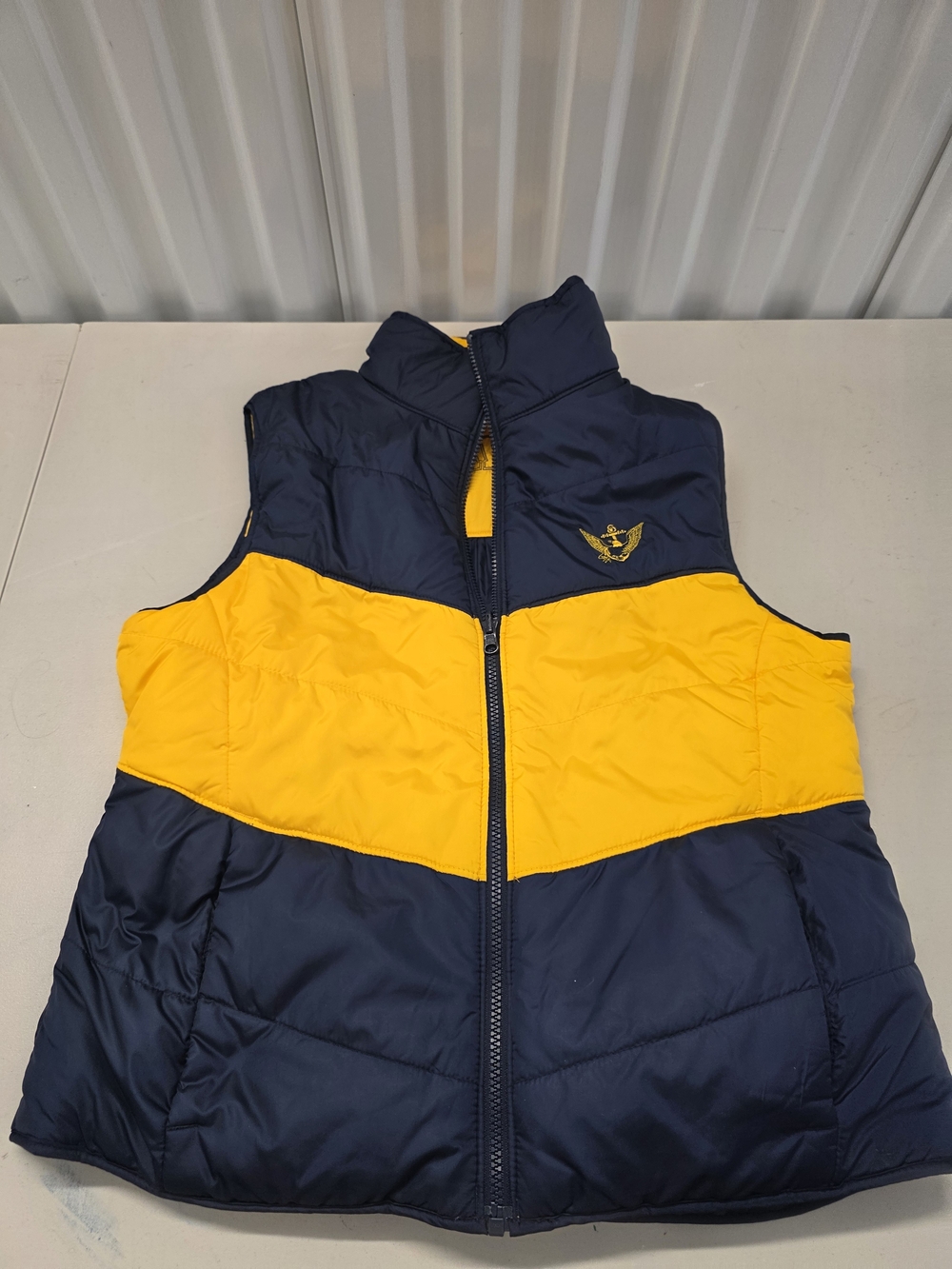 Columbia US Navy Reversible Vest Men's Medium Yellow Navy Blue Puffer Insulated